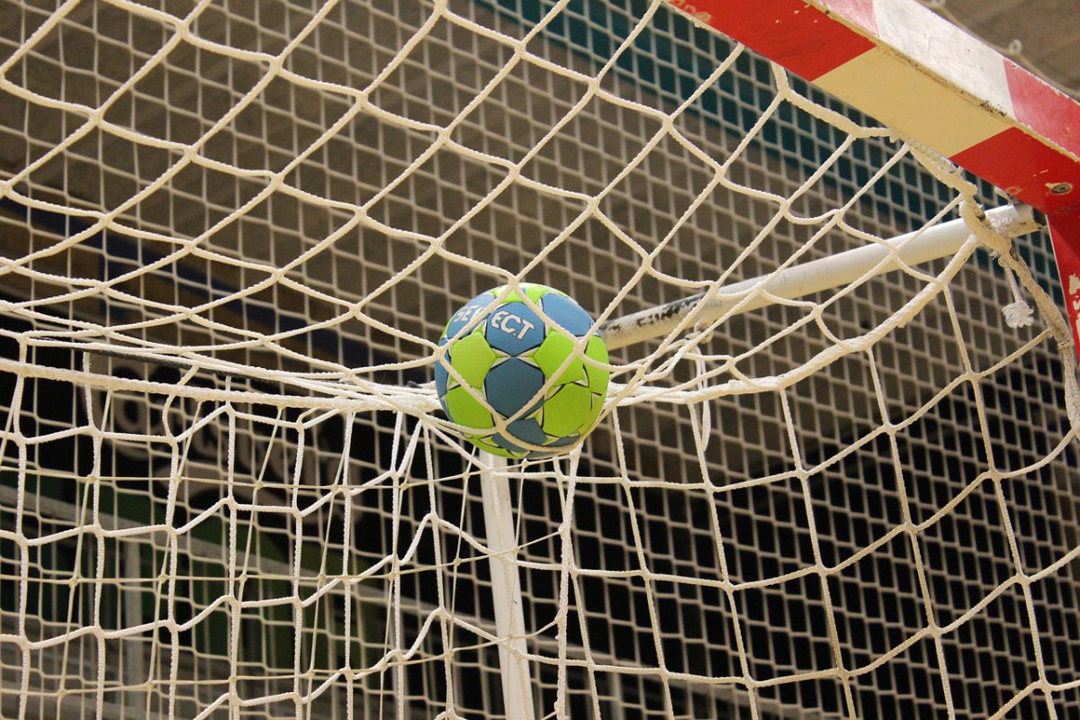Afbeelding handbal op net van het doel